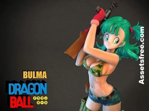 Bulma from Dragon Ball with green hair, raising a weapon while wearing a two-piece outfit.