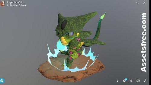 Stylized green chibi Imperfect Cell figure with a rocky base and blue energy effects.