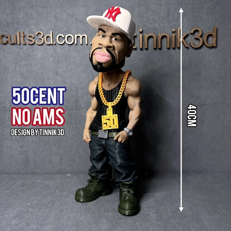 Stylized 50 Cent celebrity figure wearing a Yankees cap and gold chains