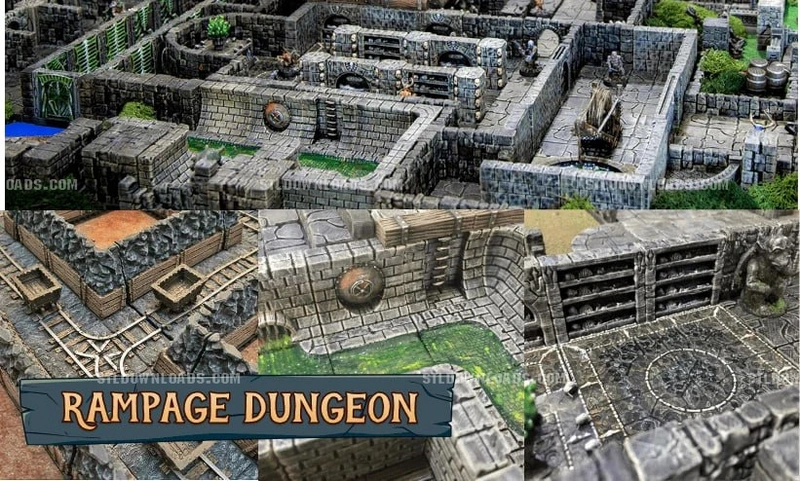 Modular stone dungeon terrain with rooms, corridors, walls, shelves, and detailed floors