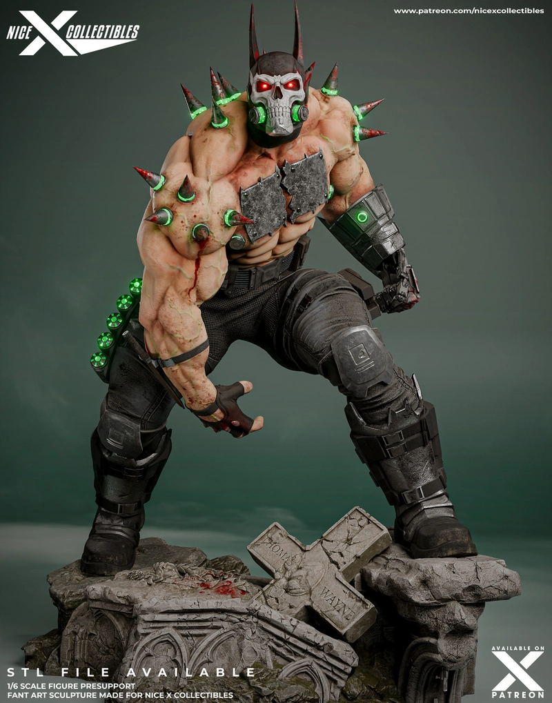 Absolute Batbane DC Comics figure with skull mask, spikes, armor, and stone base