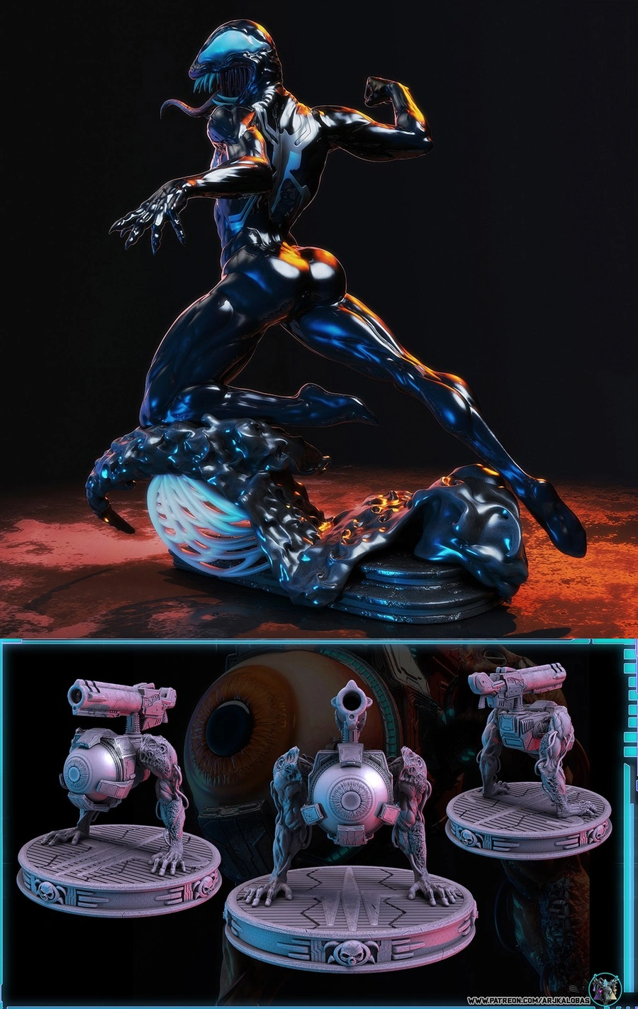 Female Venom-inspired symbiote figure with claws, tendrils, and a dynamic pose on a sculpted base