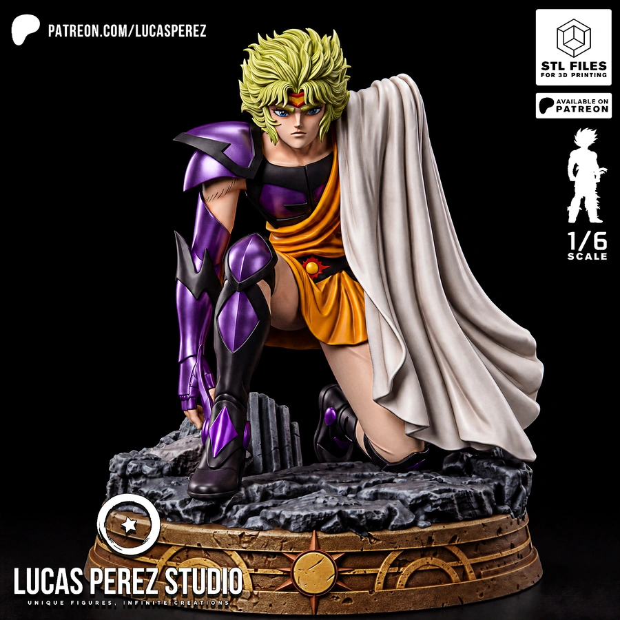 Atlas Saint Seiya figure in purple armor with a flowing cape