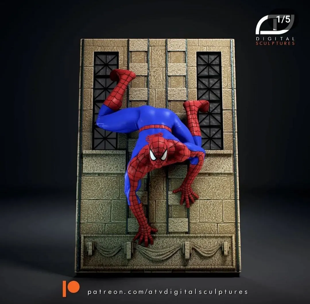 Iron Spider-Man in an inverted crawling pose on a detailed wall relief