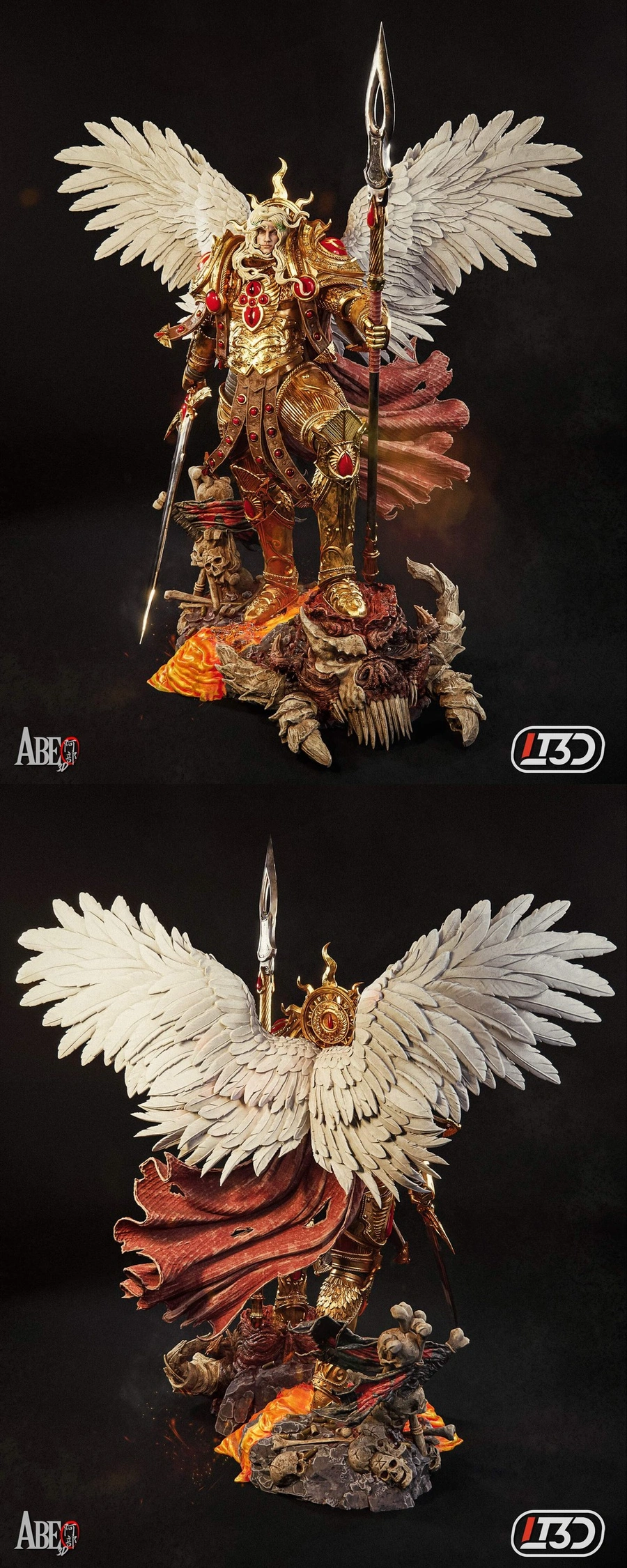 Bloodynius winged armored warrior statue with spear and feathered wings
