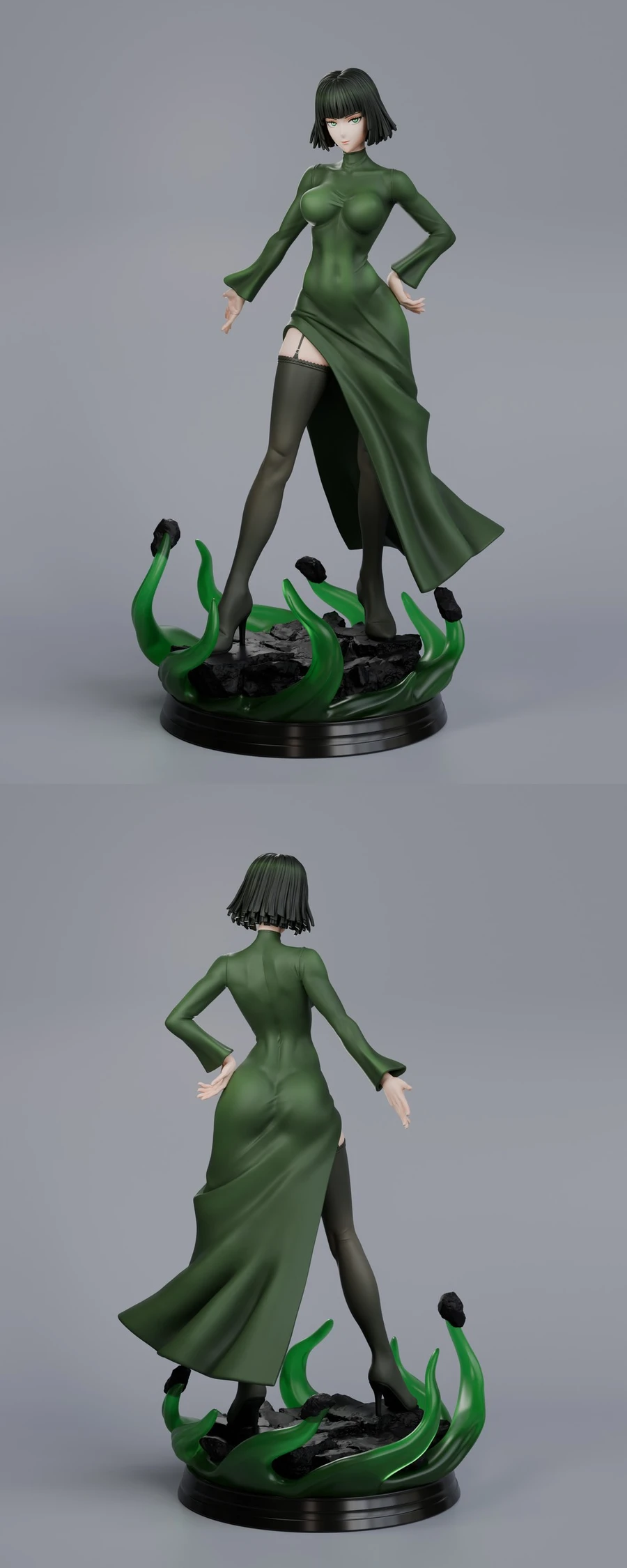 Fubuki from One-Punch Man in a green dress on an energy-effect base
