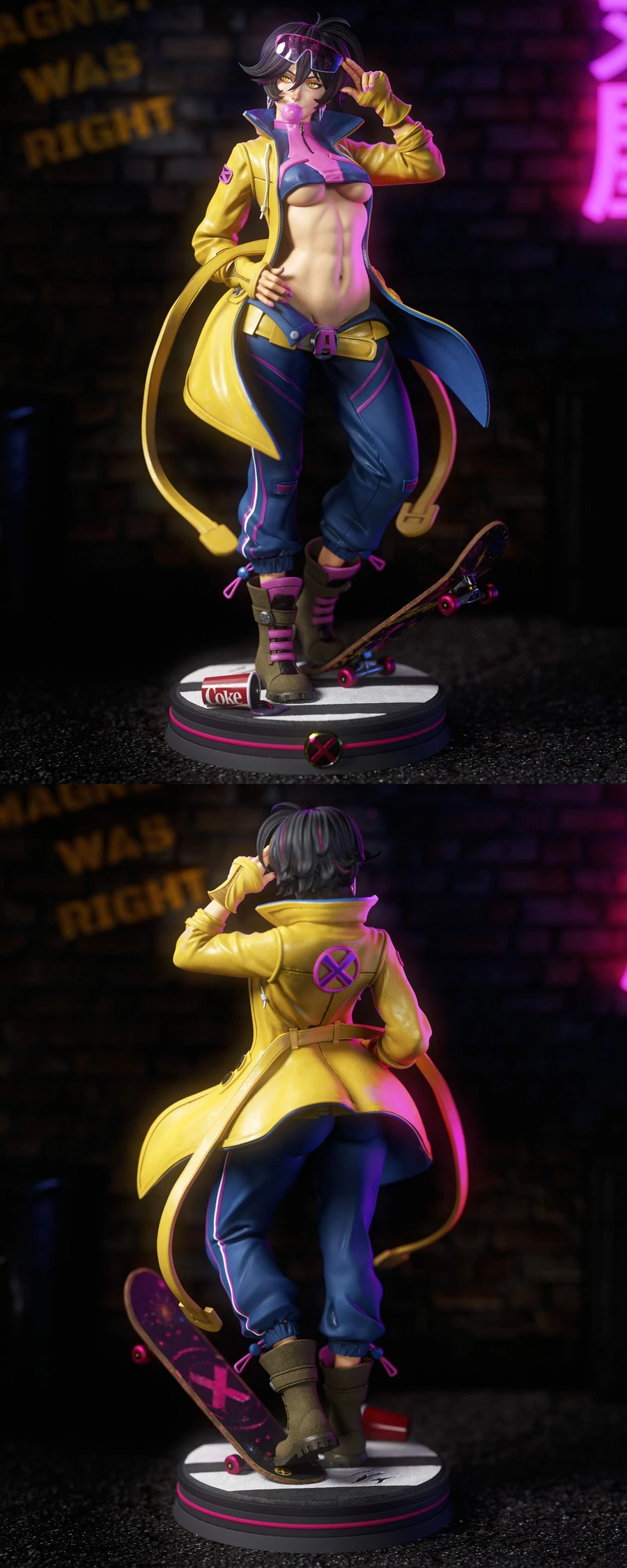 Jubilee X-Men STL figure in yellow coat with visor, skateboard, and round display base