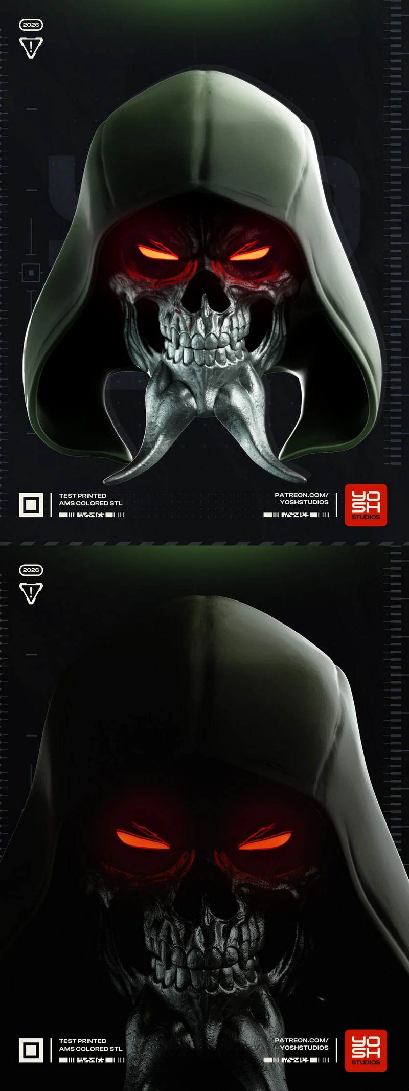 Green Arrow helmet with a hooded skull face and pointed teeth