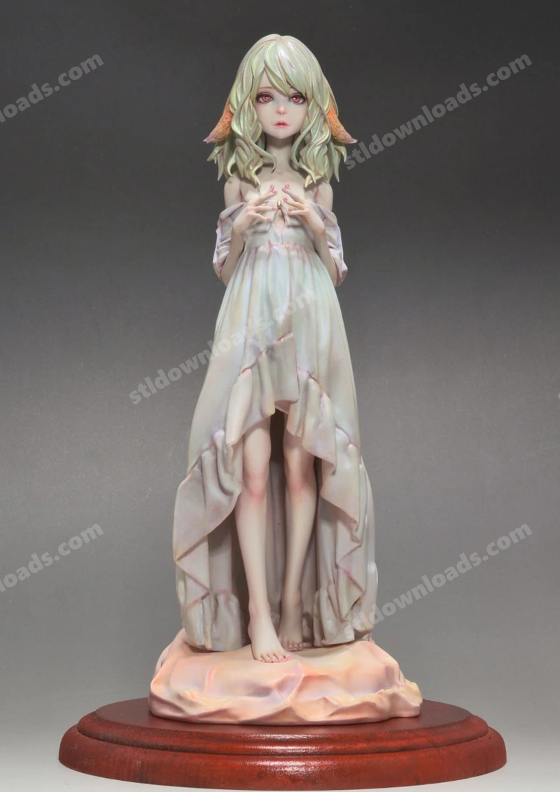 Lamb original character statue with pale hair, flowing dress, and display base