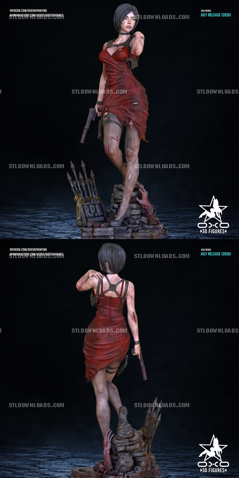 Ada Wong Resident Evil figure in a torn red dress on a rubble base