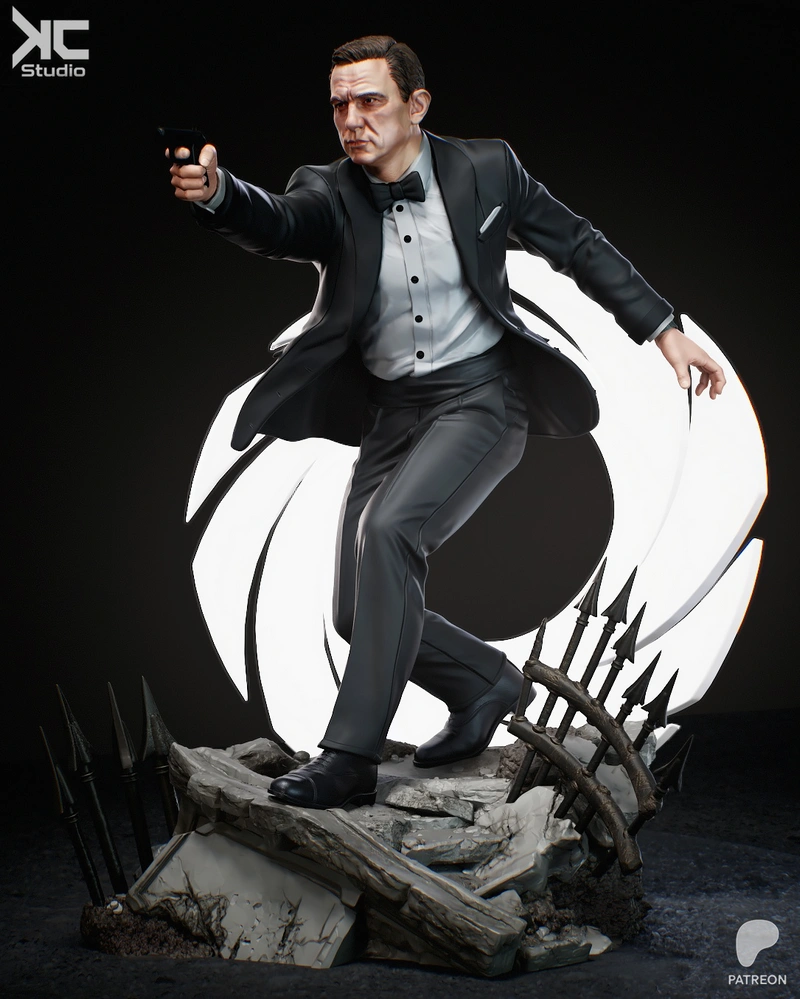 James Bond Agent 007 statue in a tuxedo aiming a pistol