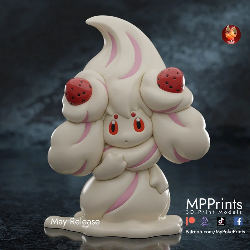 Alcremie Pokémon character figure with cream forms, pink markings, and red berry details