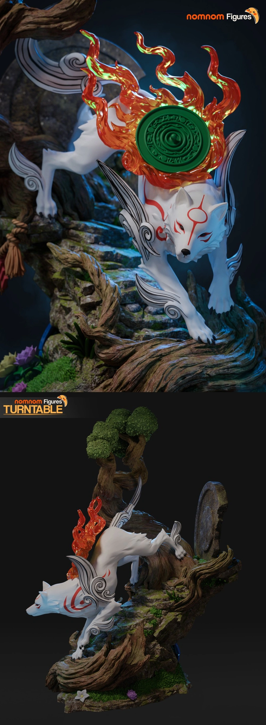 Amaterasu Ōkami white wolf figurine with flames on a woodland base