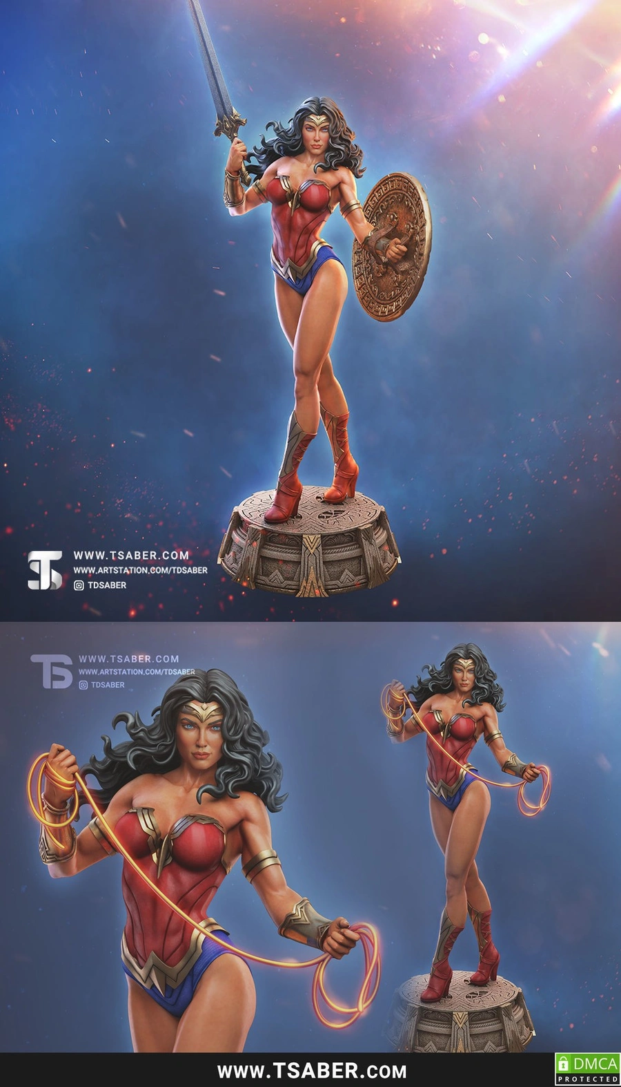 Wonder Woman fan art statue with sword, shield, lasso, and ornate pedestal base