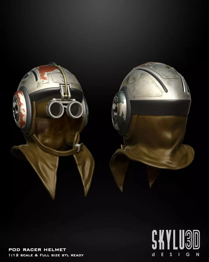 Anakin Podracer Helmet STL with goggles, tubing, side details, and neck guard