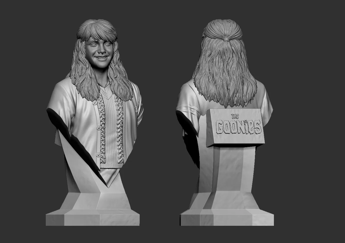 Front and rear views of an Andy character bust from The Goonies