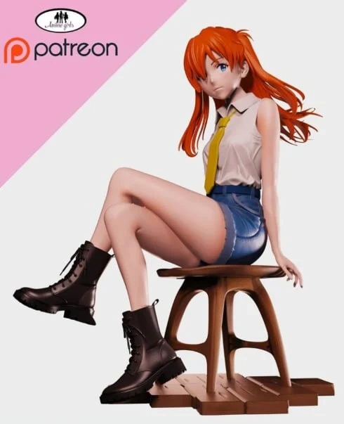 Asuka Langley seated on a wooden stool in a white blouse, blue shorts and black boots
