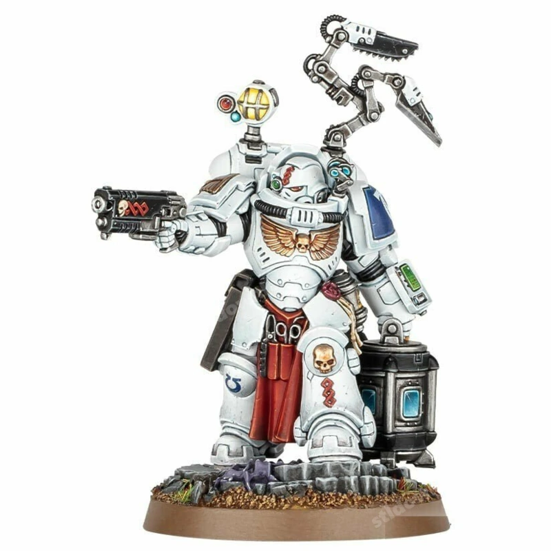 Apothecary Biologis in white power armor with servo-arm and display base