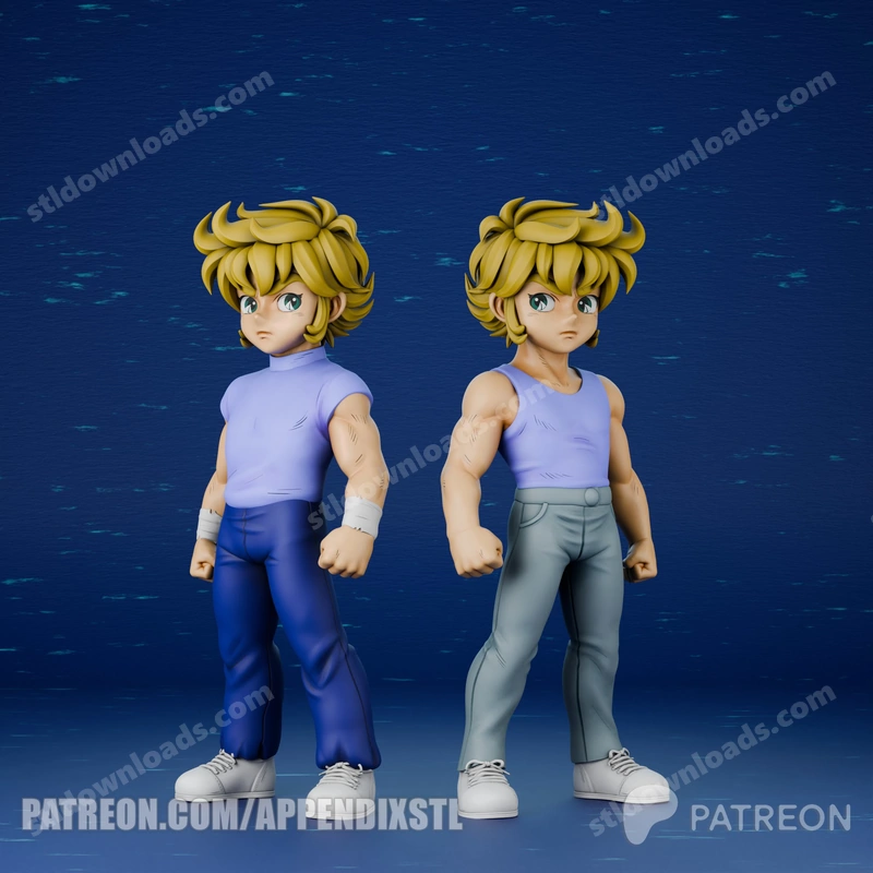 Two Kid Jabu Saint Seiya figures with blond hair and casual outfits