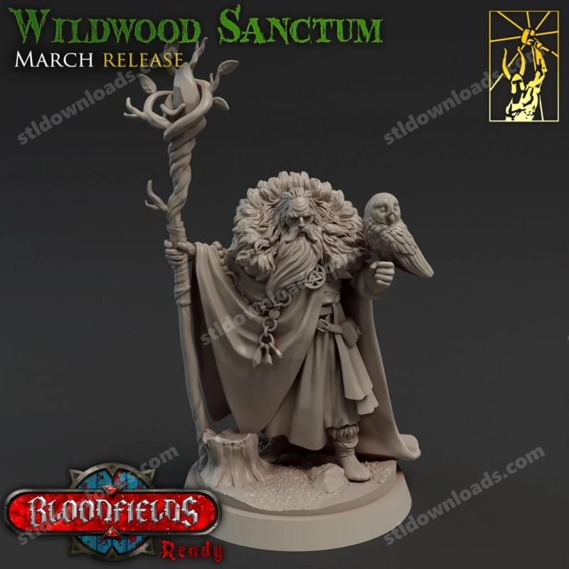 Archmage Camelothar fantasy wizard statue with staff, bird, robes, and display base