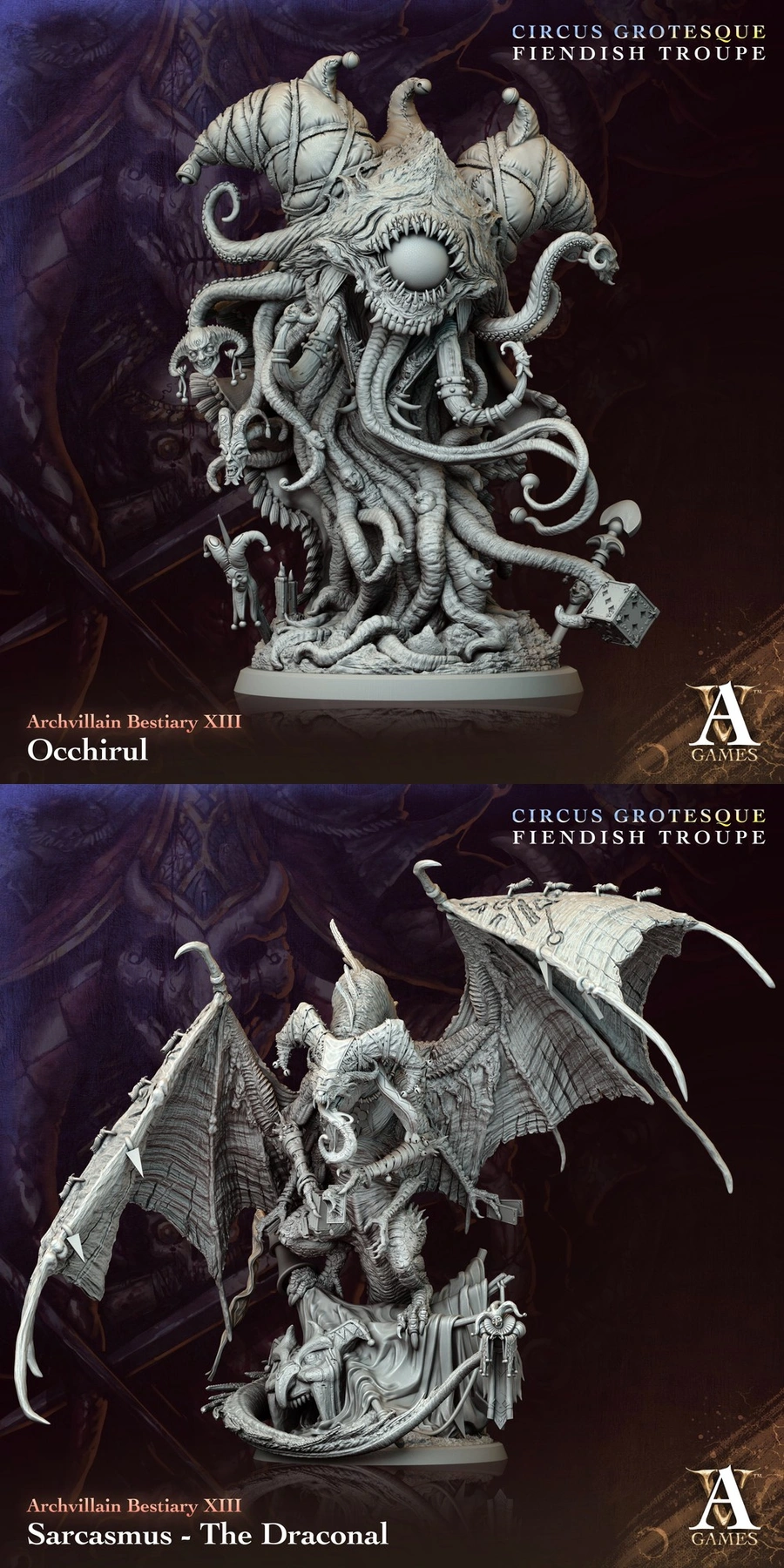 Ochirul and Sarcasmus fantasy creature sculptures from Archvillain Bestiary XIII