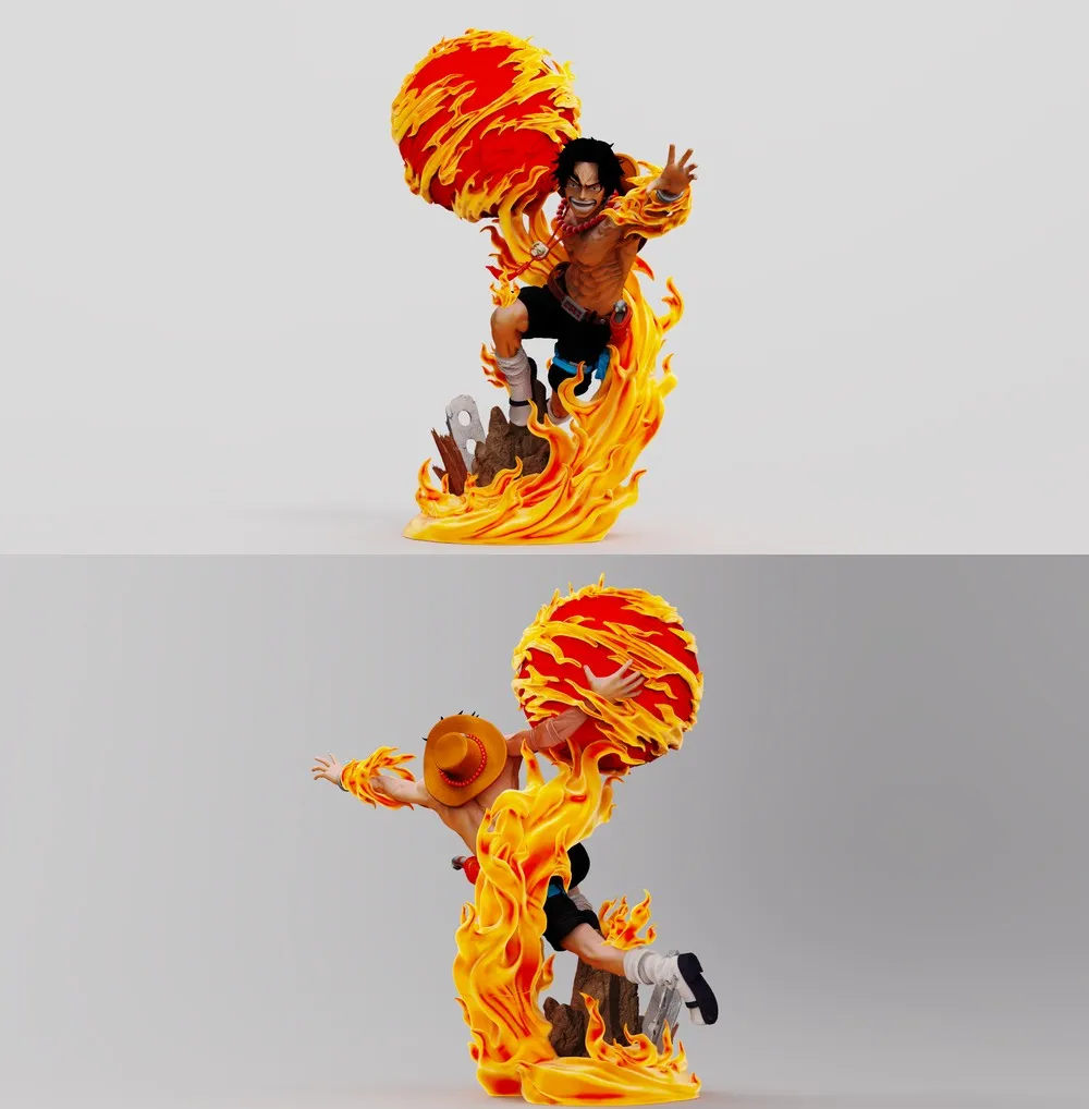 Anime pirate character STL figure with a straw hat and sweeping flame effects