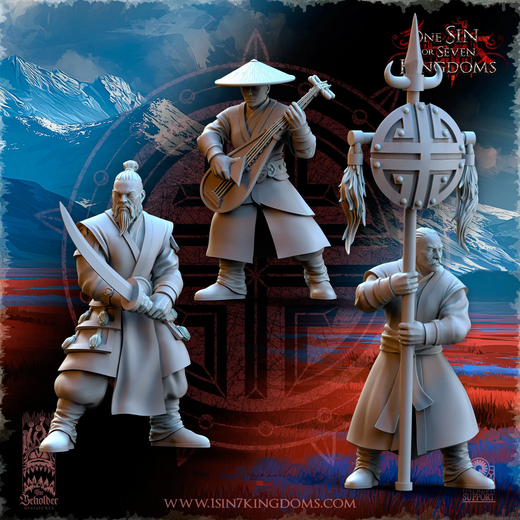 Fantasy militia miniatures with a swordsman, musician, and standard bearer