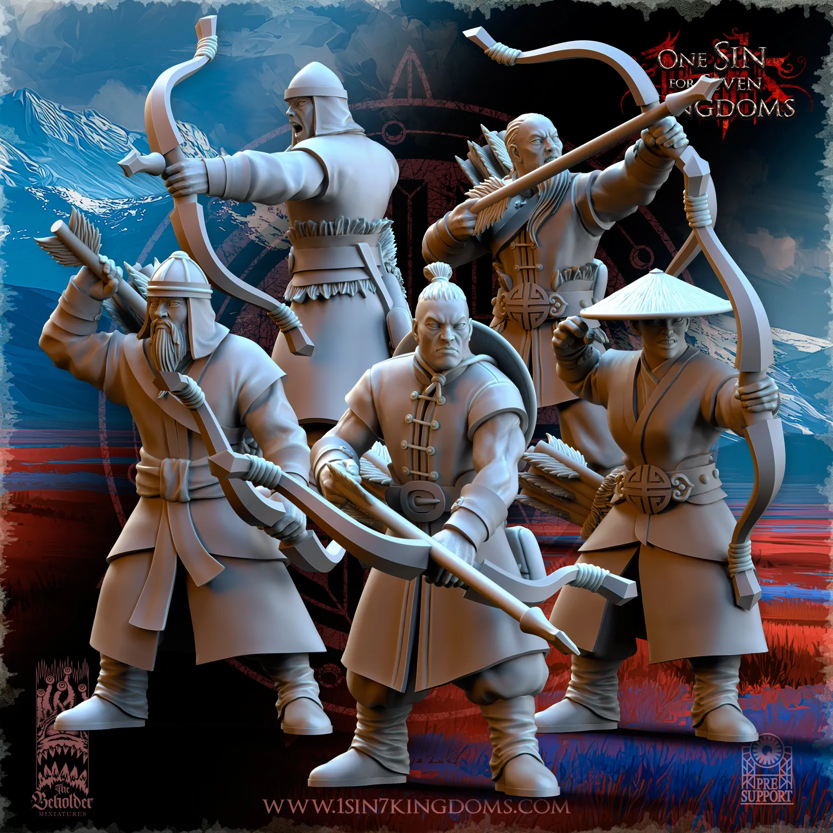 Five fantasy peasant militia archers with bows, arrows, robes, and armor