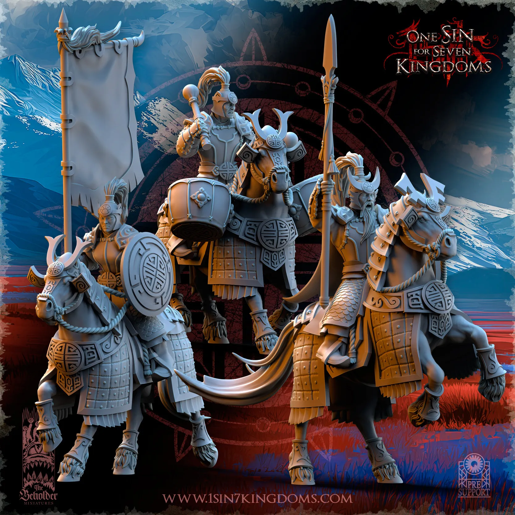 Astarii Dynasty fantasy riders with armored horses, shields, spears, and a banner