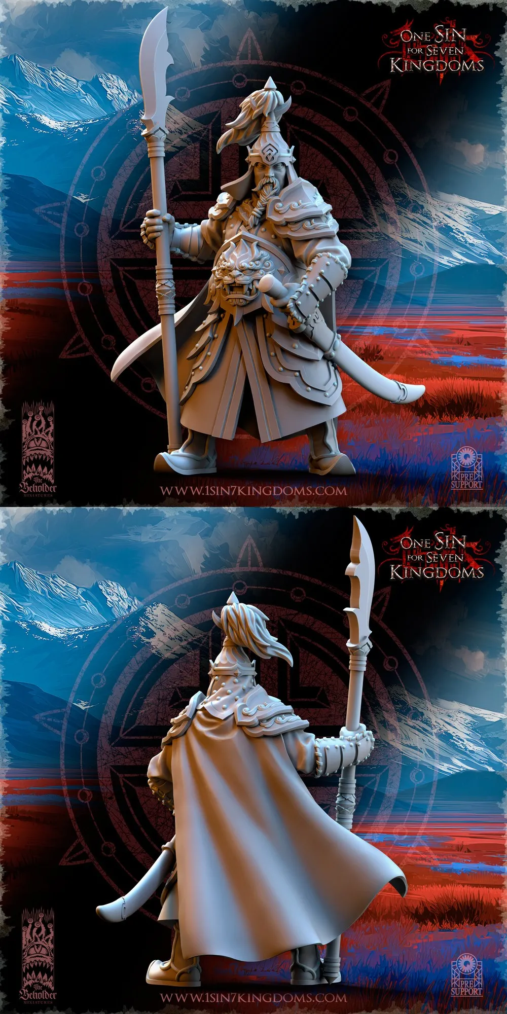 Tomorkhan Astarii Commander fantasy warrior with staff, blade, armor, and cape