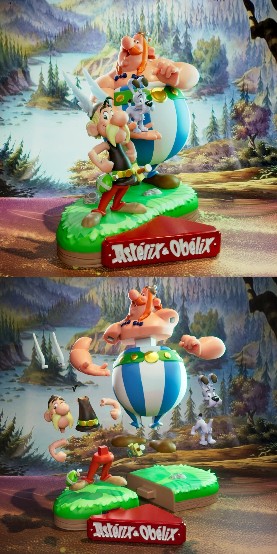 Astérix, Obélix and Dogmatix 3D display figure on a grassy base
