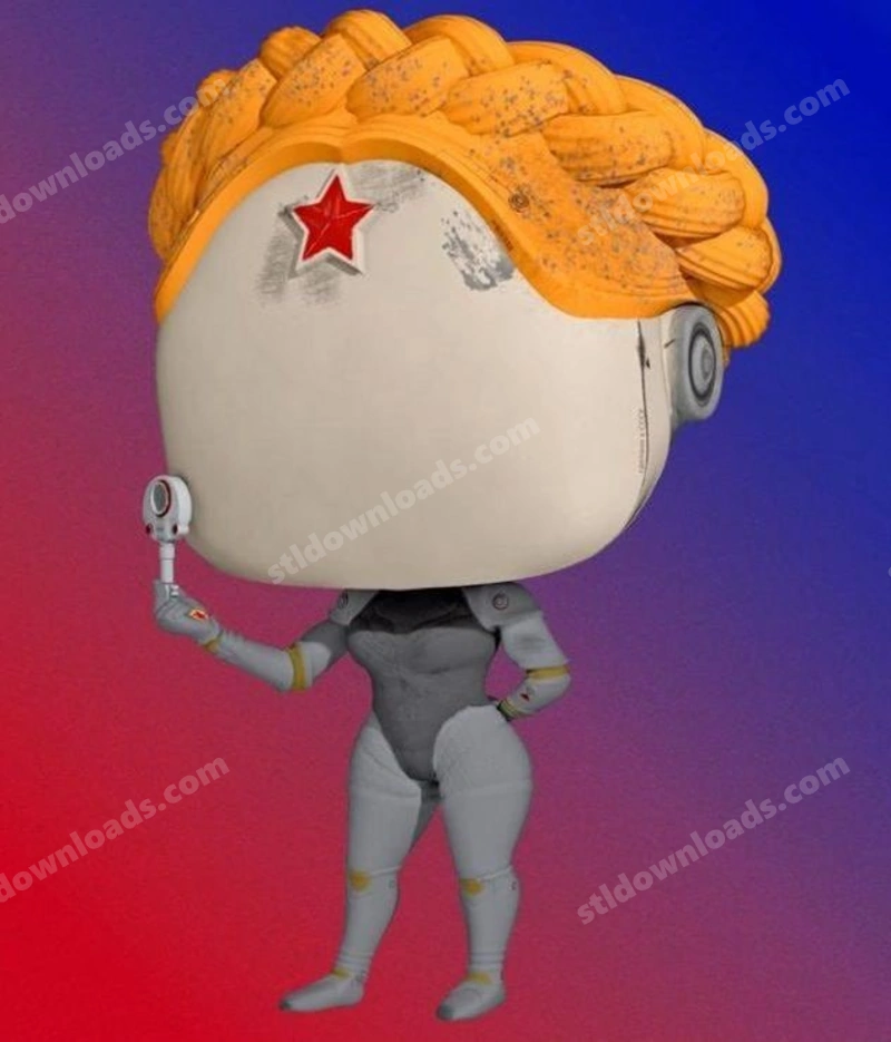 Stylized Atomic Heart robot figure with orange segmented hair and red star emblem