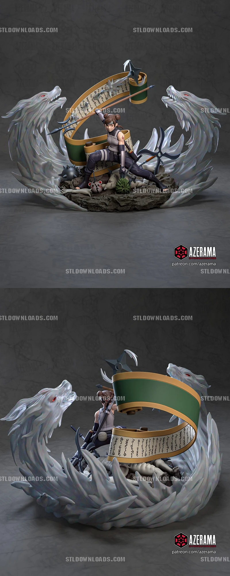 Tenten Naruto diorama with a scroll, weapons, spectral wolves, and rocky base