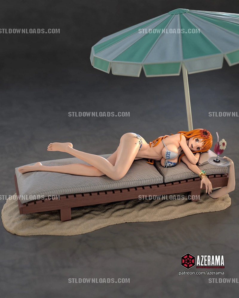 Nami from One Piece reclining on a beach lounger beneath a striped parasol