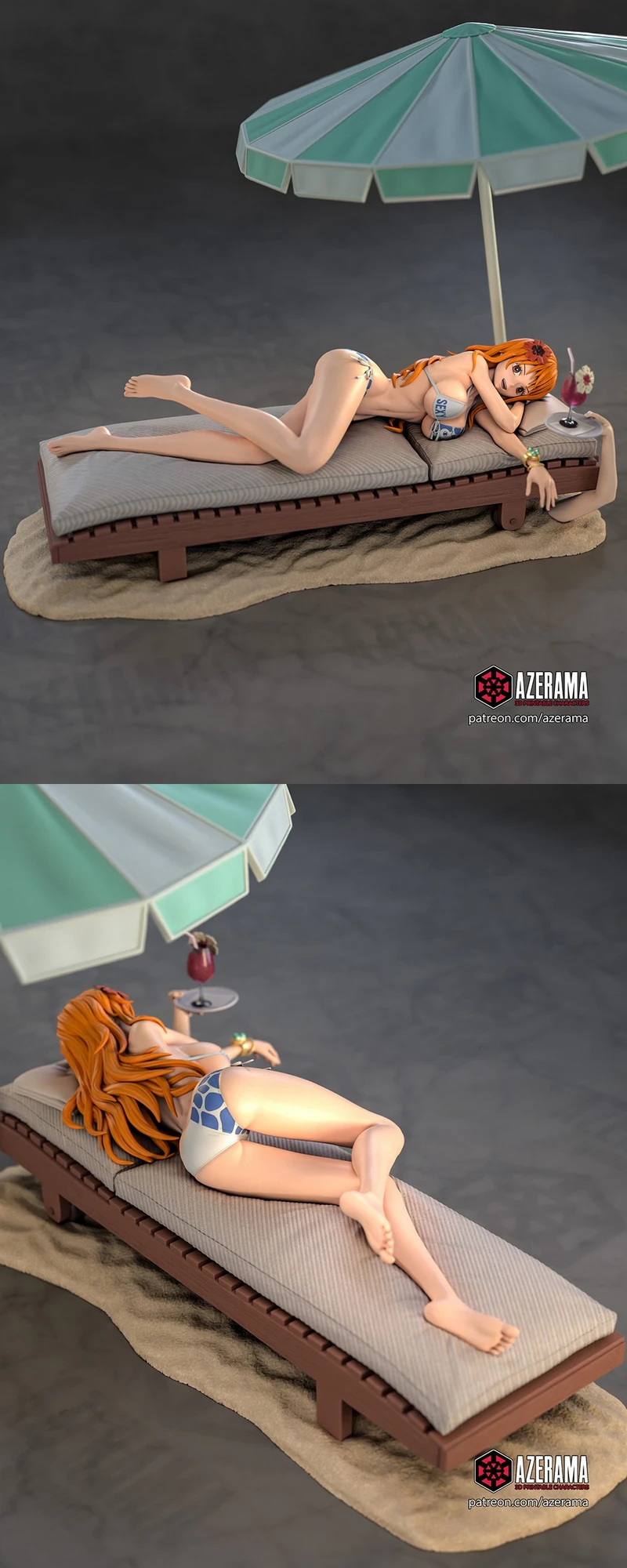 Nami One Piece fan-art figure reclining on a beach lounger under an umbrella