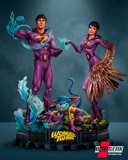 Wonder Twins fan-art statue with Zan, Jayna, Gleek and a sculpted display base