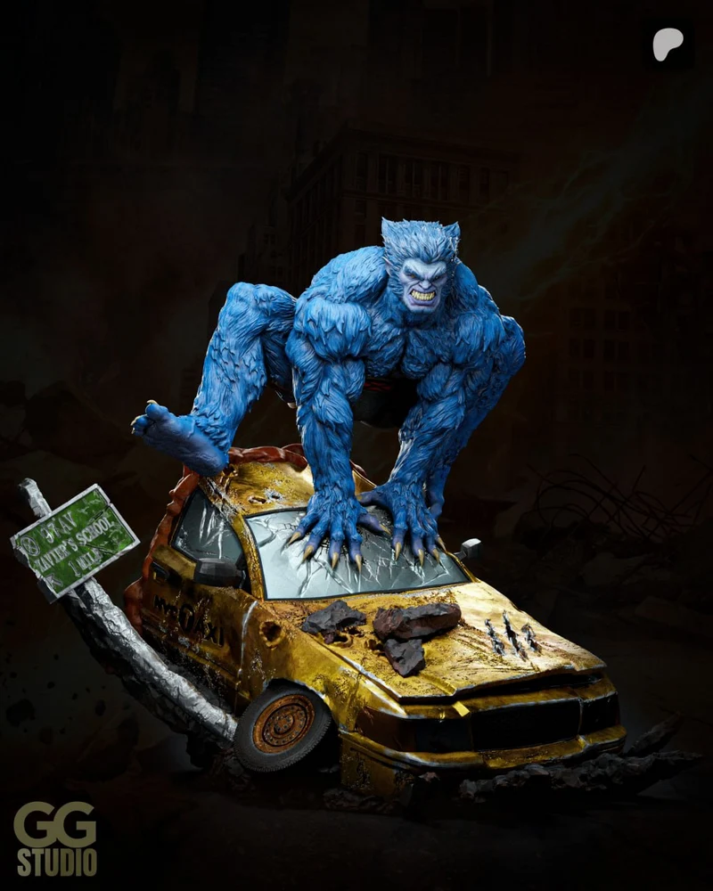 Blue furry beast crouching on a damaged yellow taxi 3D model