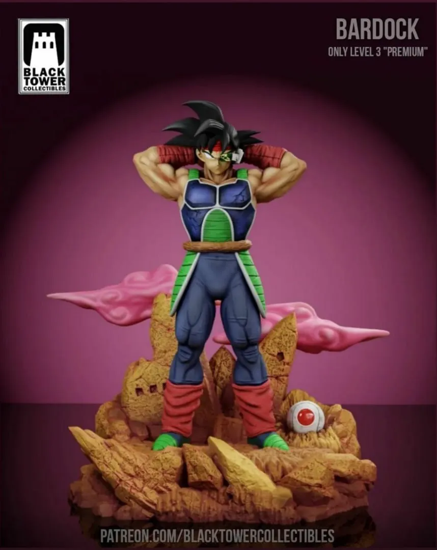 Bardock from Dragon Ball standing in Saiyan armor on a rocky display base