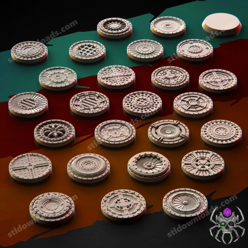 Collection of ornate 32 mm round tabletop miniature bases with varied circular surface patterns