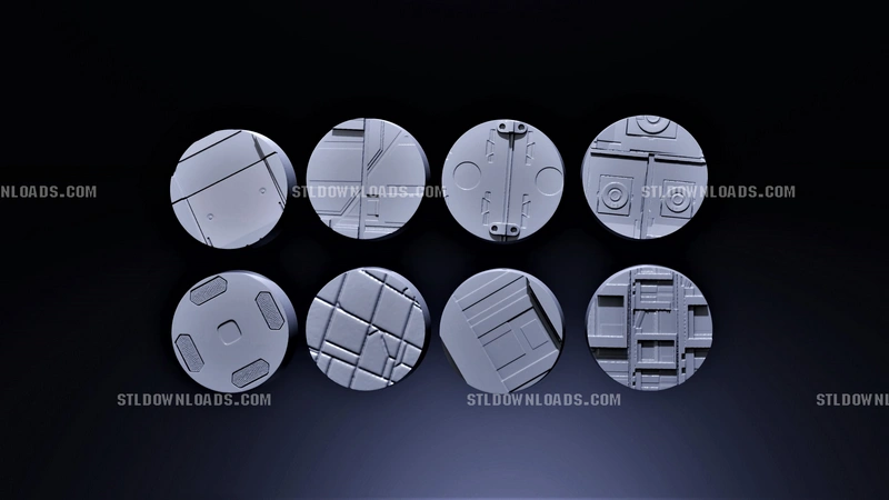 Eight round Star Wars industrial terrain bases with sci-fi panel details