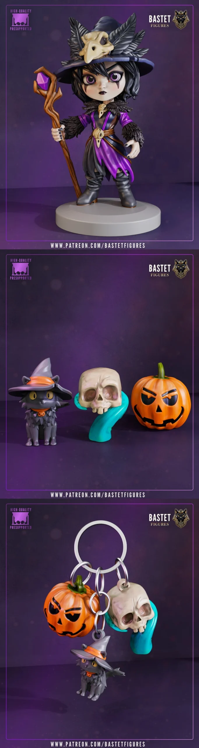 Stylized Halloween witch figurine with skull hat, staff, cat, skull, and pumpkin models
