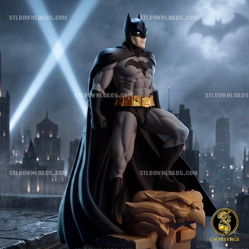 Batman statue standing on a gargoyle with cape, cowl and utility belt