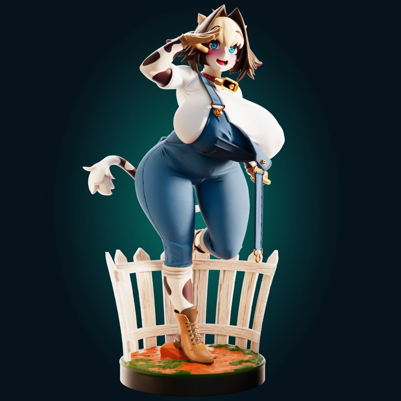 Bell Nee Cow Girl anthropomorphic character figurine on a fenced display base