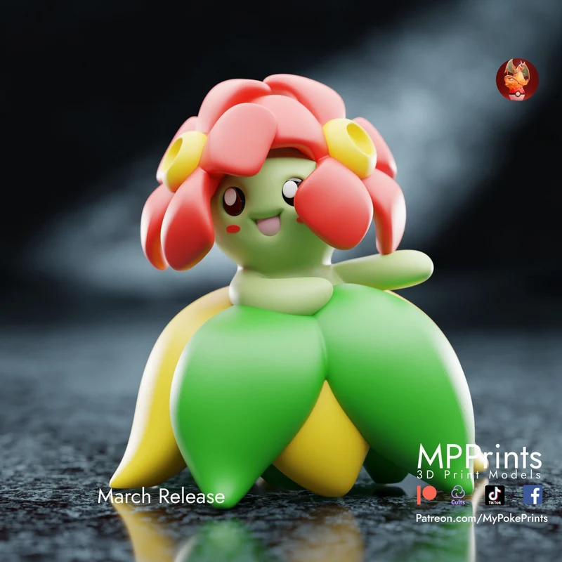 Bellossom Pokémon 3D model with green body, pink petals, and yellow accents