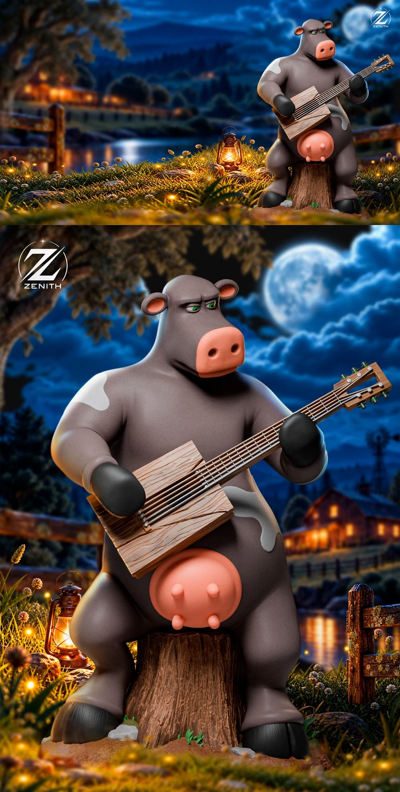 Ben, an anthropomorphic cow character seated on a stump and playing a stylized guitar