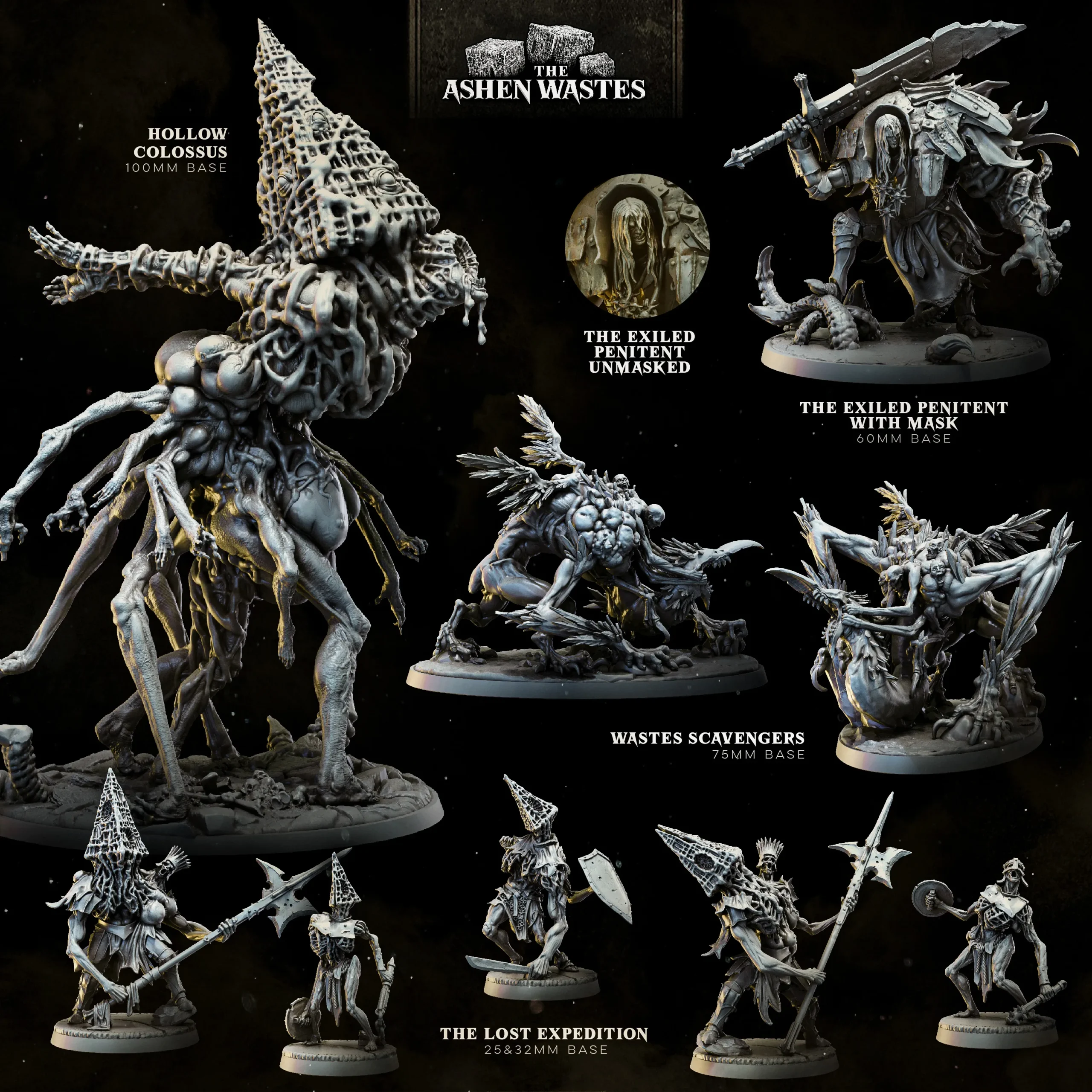 Original fantasy Ashen Wastes miniatures with grotesque creatures and armored figures