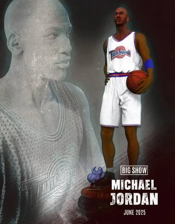 Michael Jordan basketball figure beside a large monochrome celebrity bust