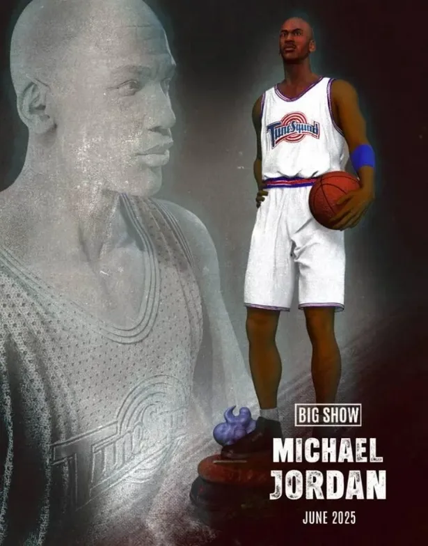 Big Show bust beside Michael Jordan holding a basketball in a Tune Squad uniform