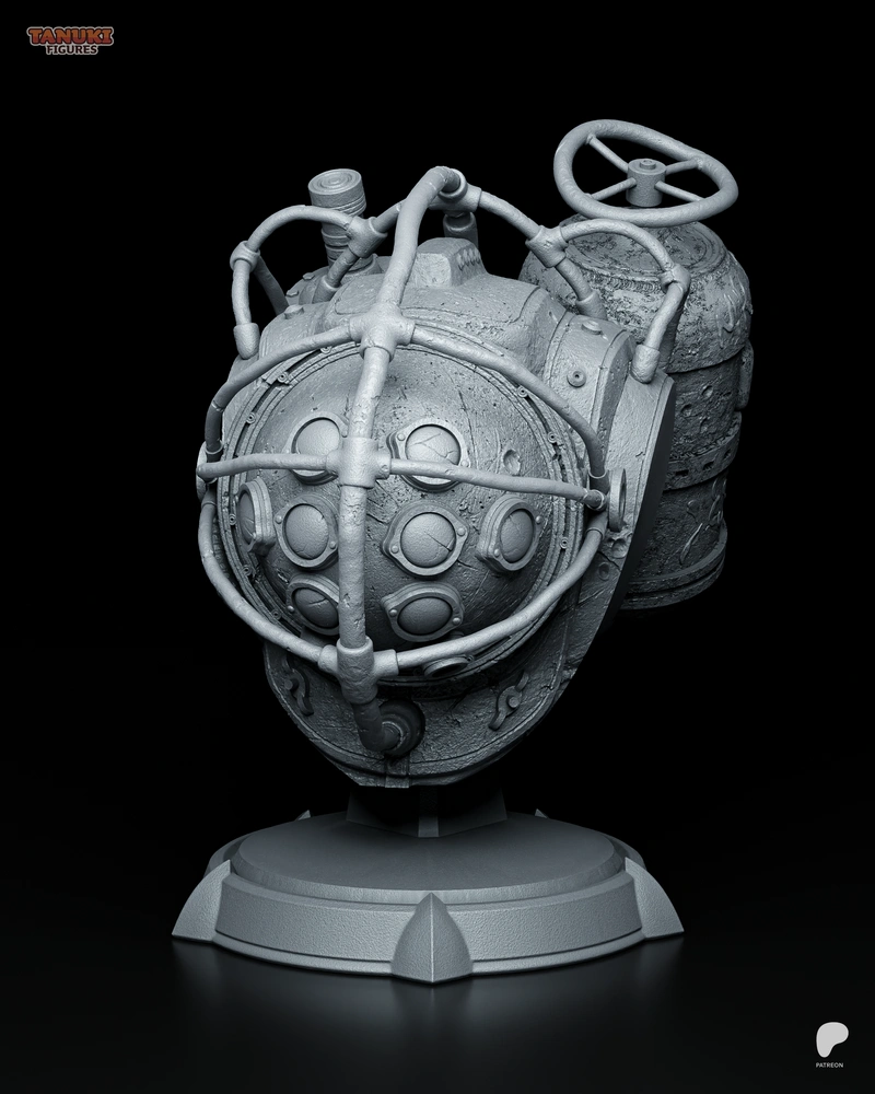 Detailed Big Daddy BioShock bust with diving helmet, tubing, tanks, and display base