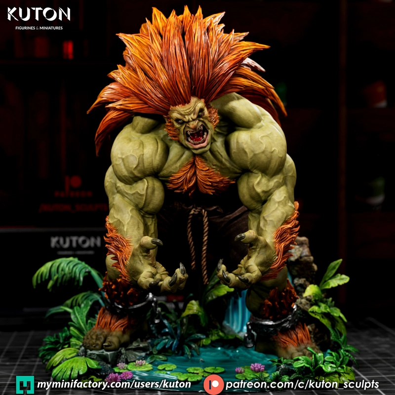 Blanka from Street Fighter as a muscular green figure with spiky orange hair and claws